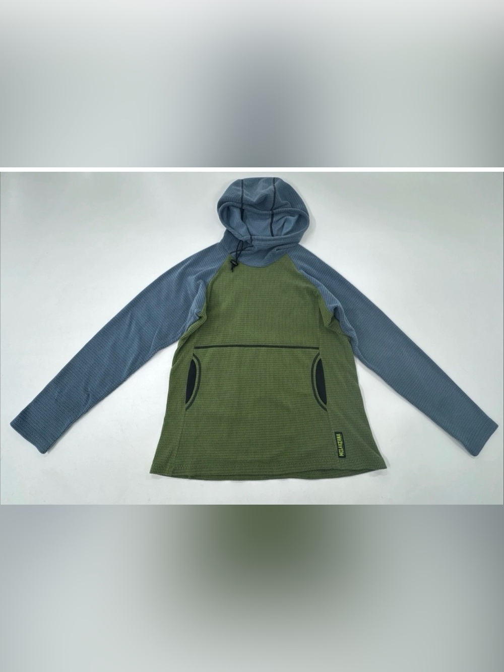 Melanzana Micro Grid Pullover Hooded Womens Medium Green Blue Fleece Hiking